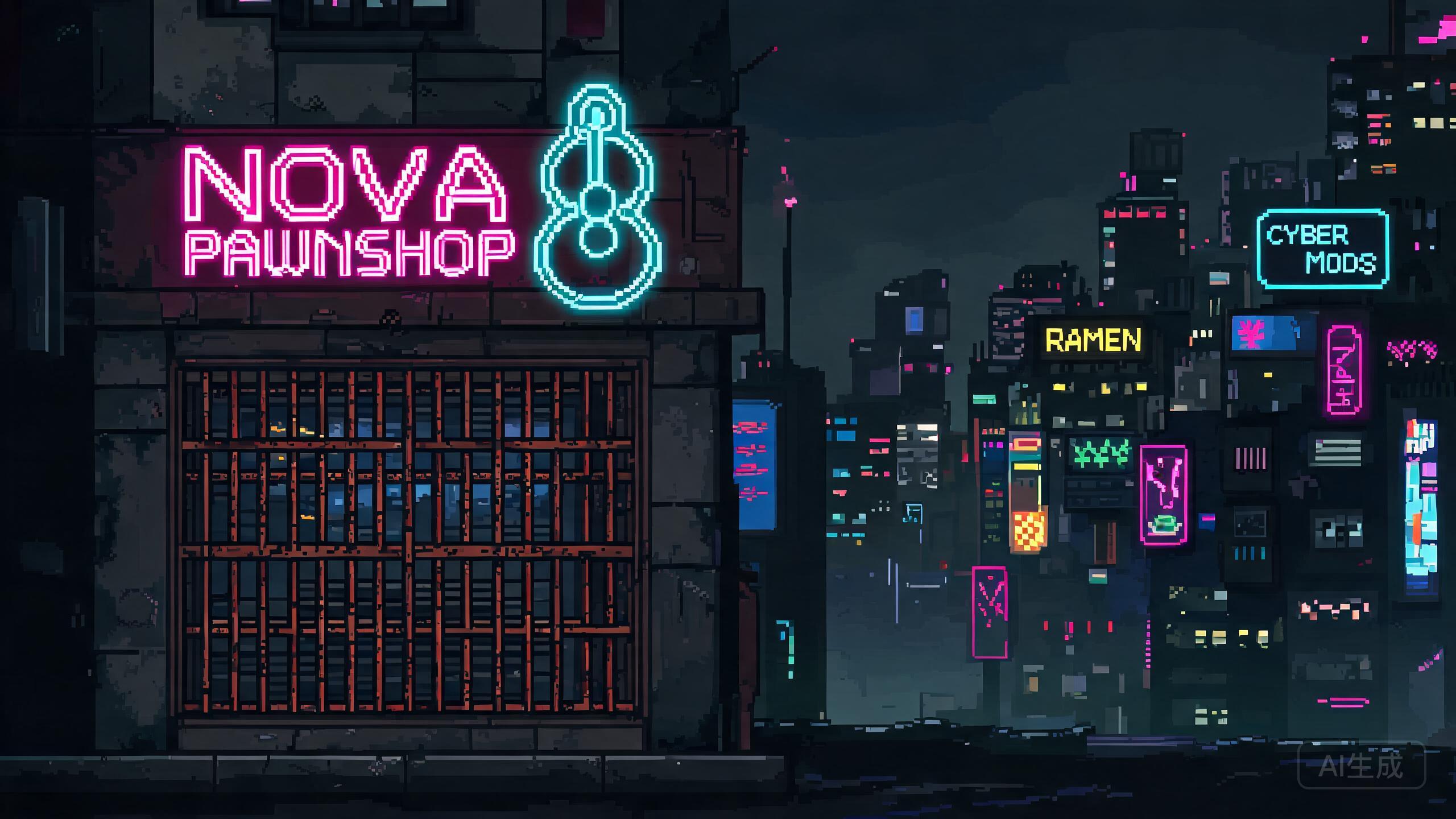 Probably Stolen key art style: neon pawnshop sign and grille window