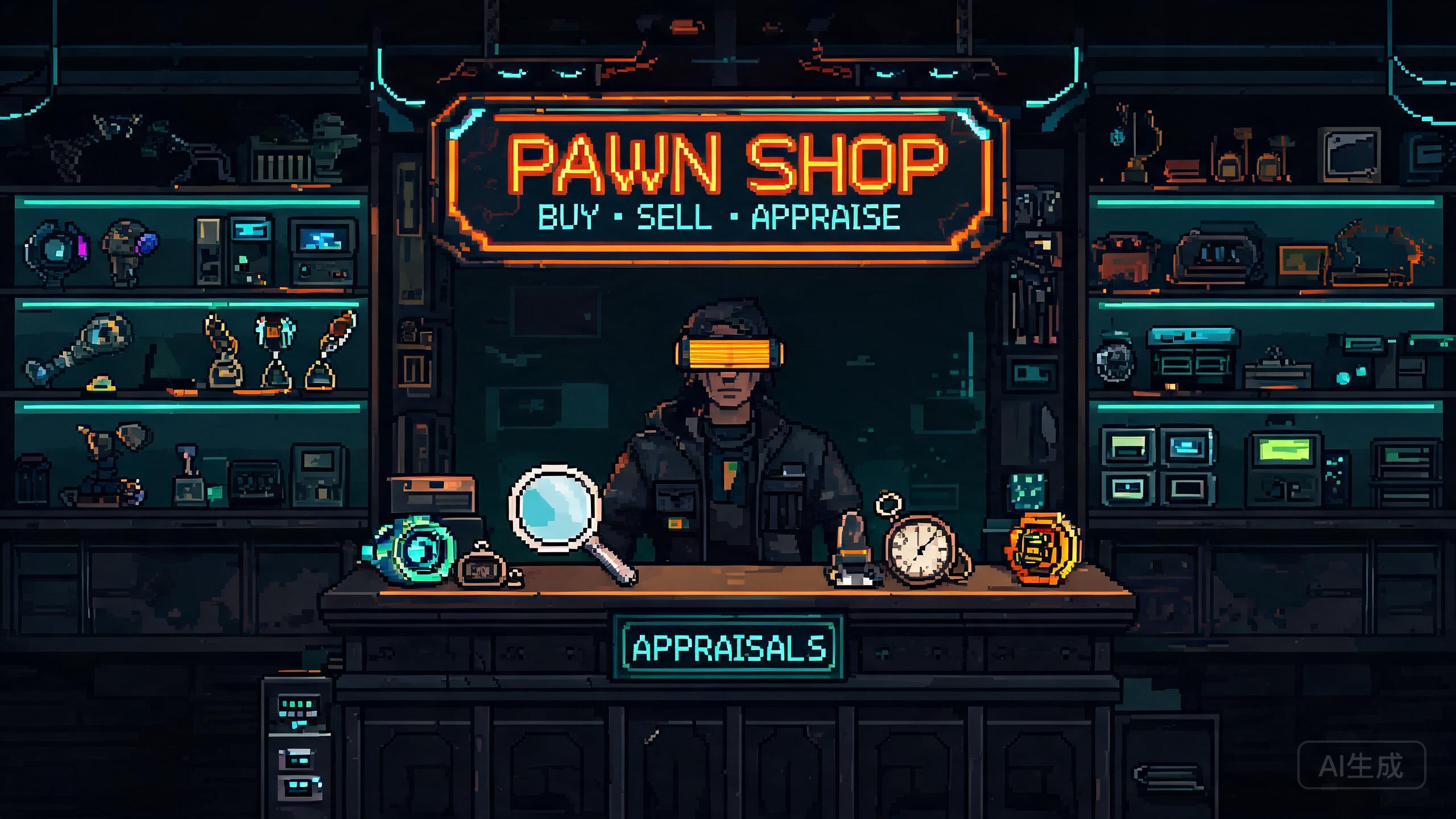 Probably Stolen cyberpunk pawnshop counter with appraisal tools under neon light